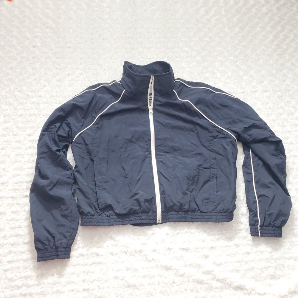Abercrombie & Fitch Windbreaker Track Jacket Womens L Navy Blue Full Zip Cropped